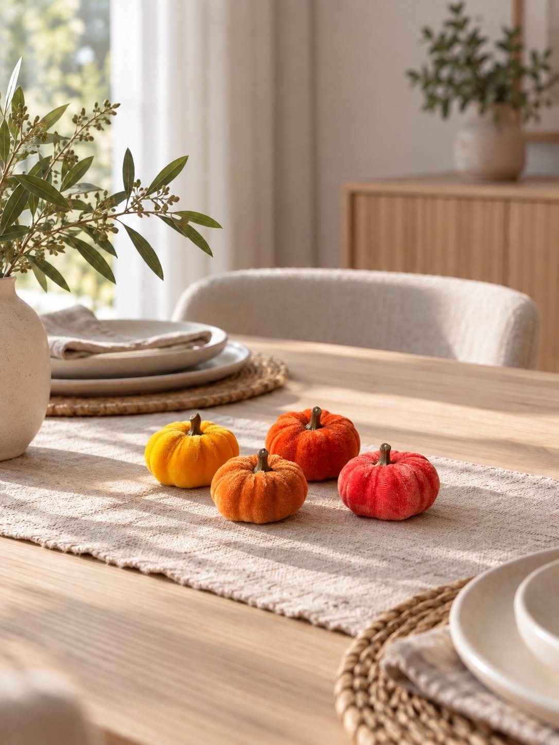 Sett med 4 dekorative gresskar – fløyelslook