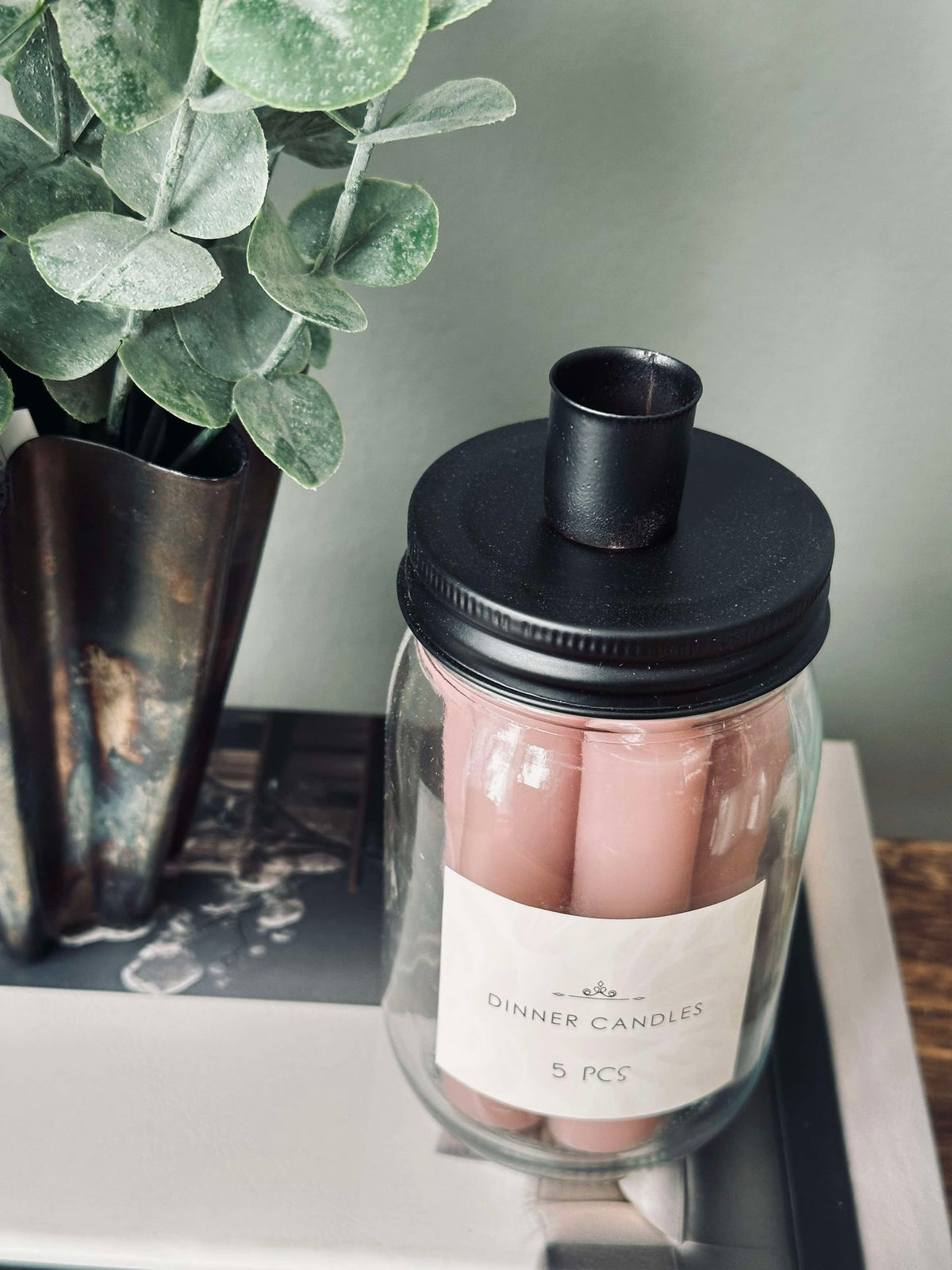 Sterinlys med lysestake - Rosa