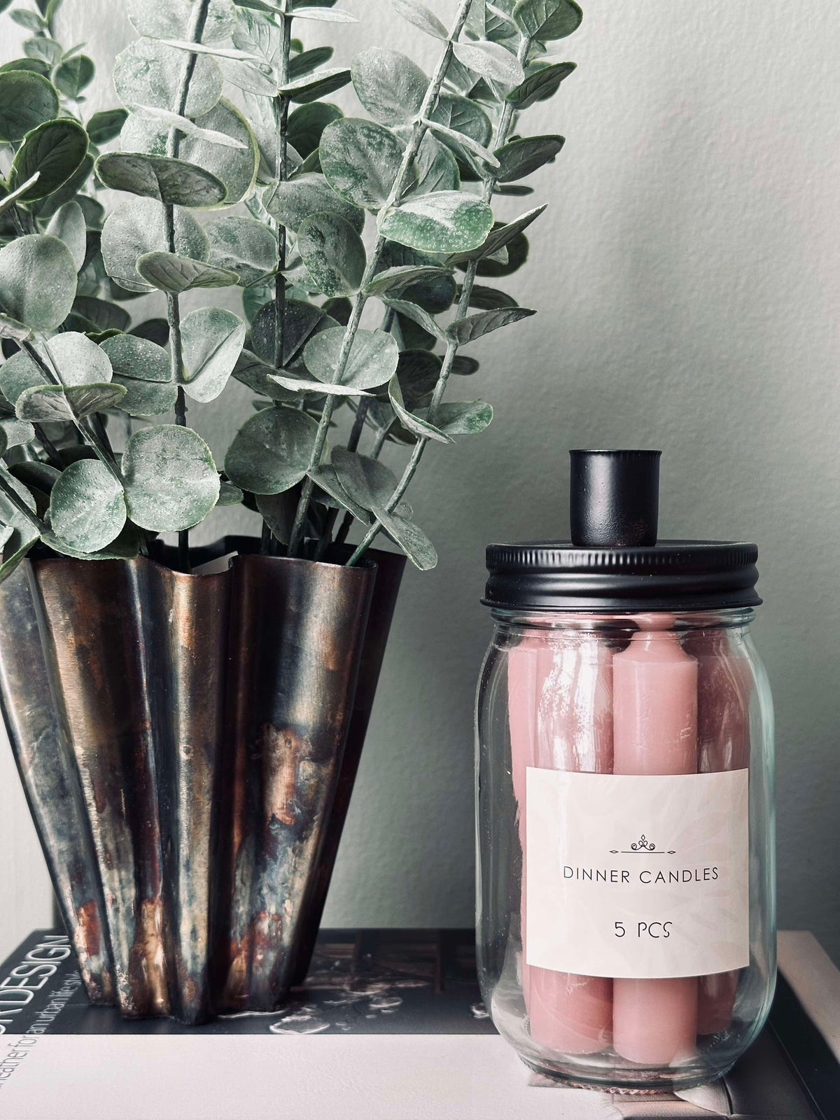 Sterinlys med lysestake - Rosa