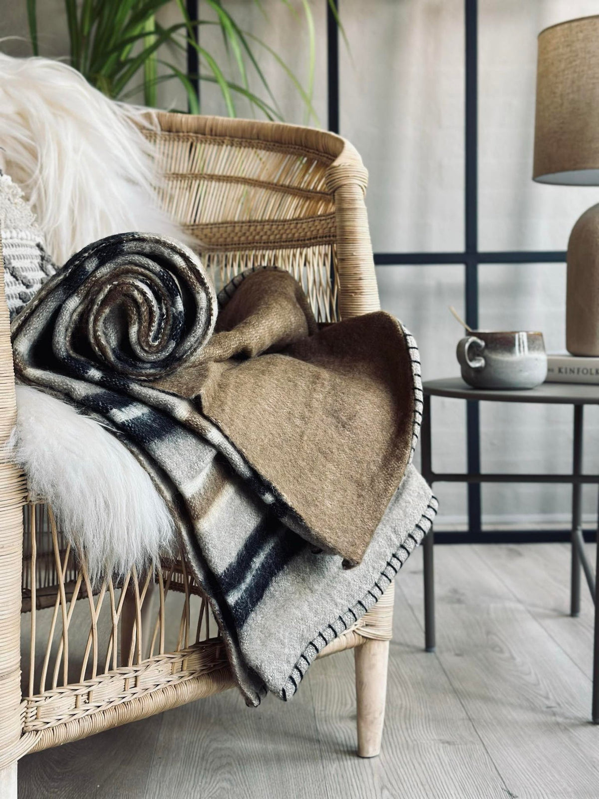 Pledd 100 % ull - Taupe stripe