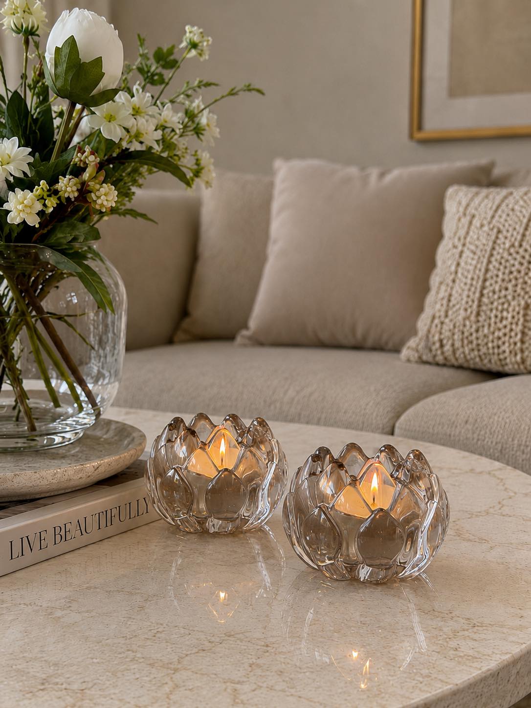Lysestake beige lotus  - Sett med 2 stk
