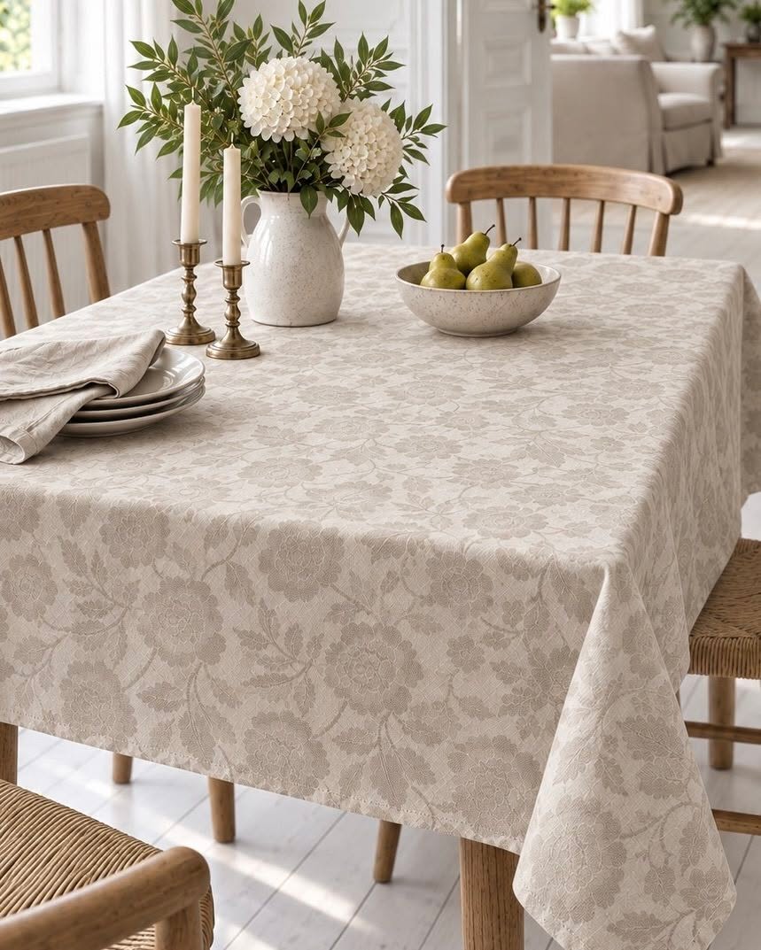 Dug JACQUARD blomst Sand på bord med lysestager og blomster