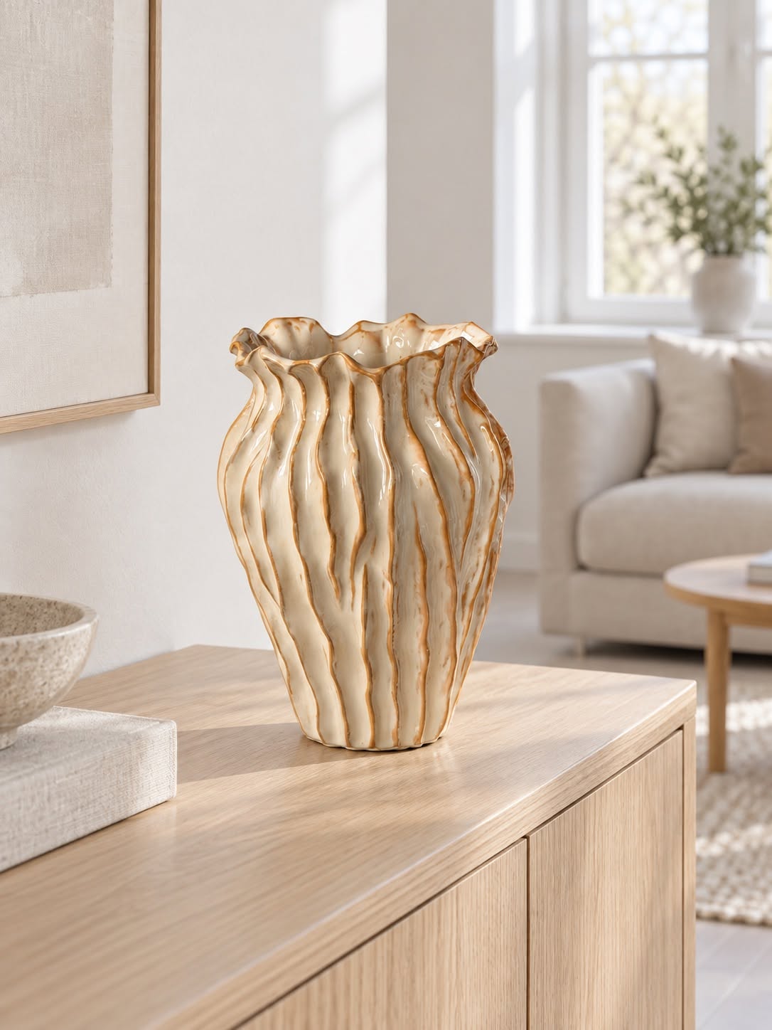Vase stripet steintøy - Sand