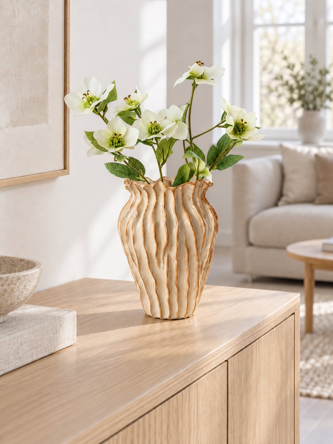 Vase stripet steintøy - Sand