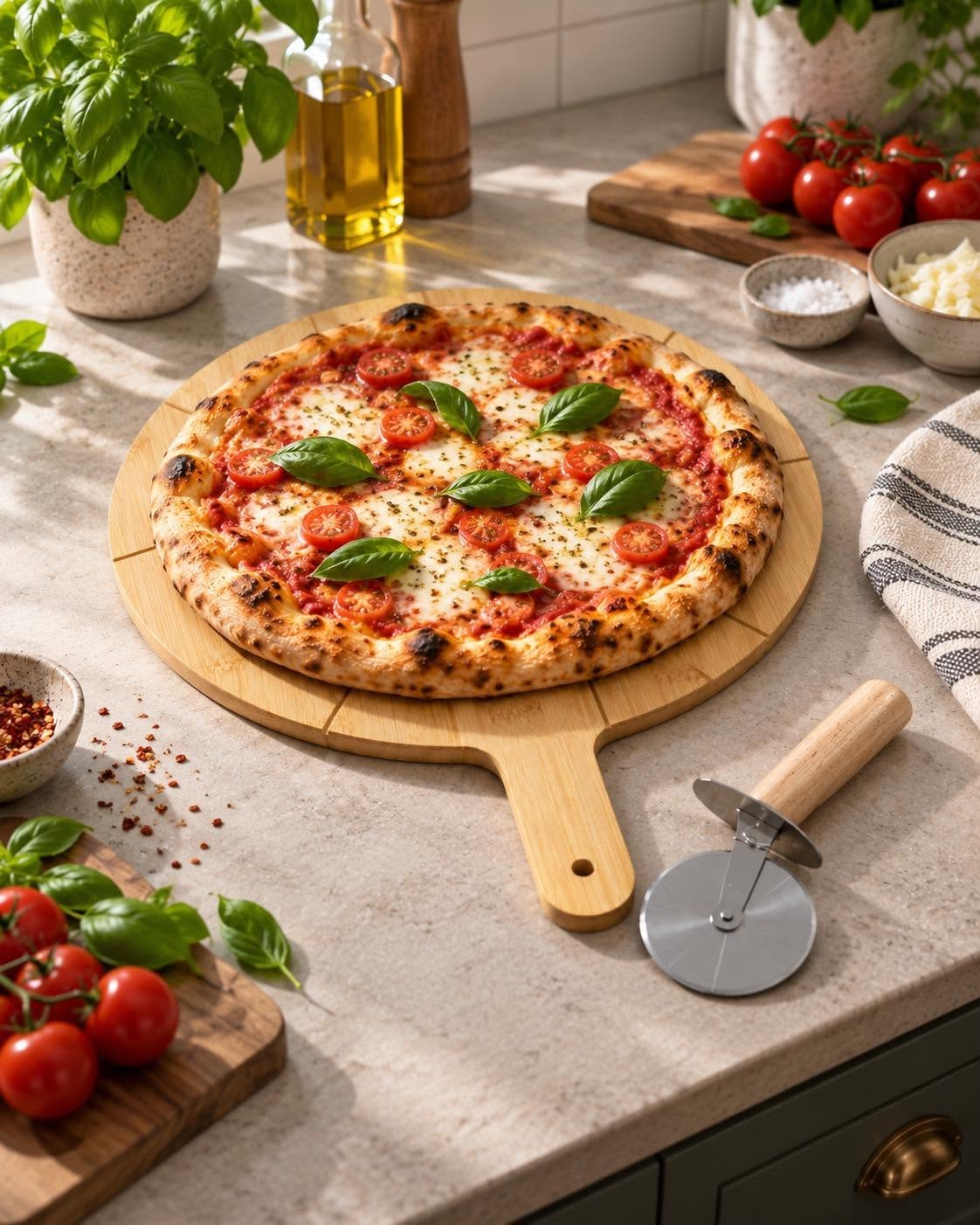 Pizzabrett med pizzaskjærer – FSC tre