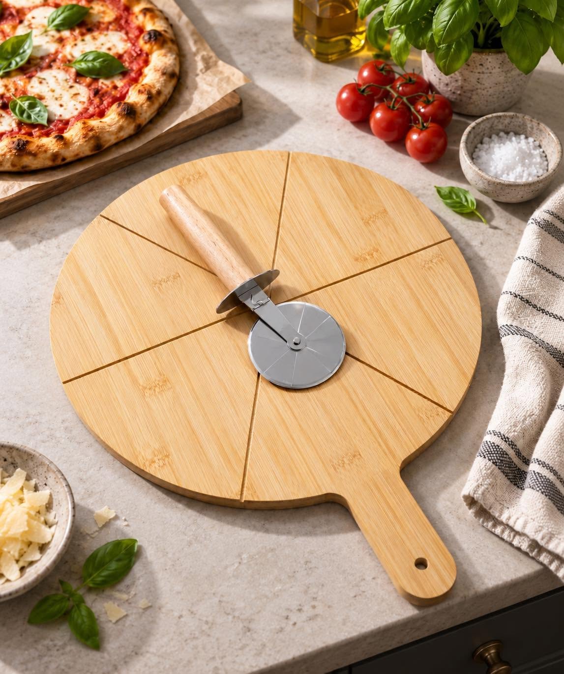 Pizzabrett med pizzaskjærer – FSC tre