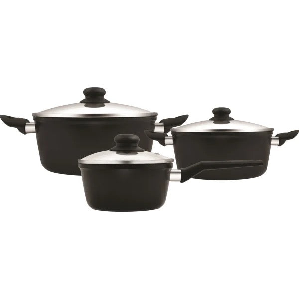 Grytesett - 3 stk med glasslokk - Aluminium/keramisk belegg