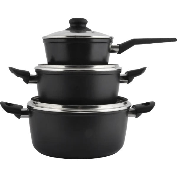 Grytesett - 3 stk med glasslokk - Aluminium/keramisk belegg