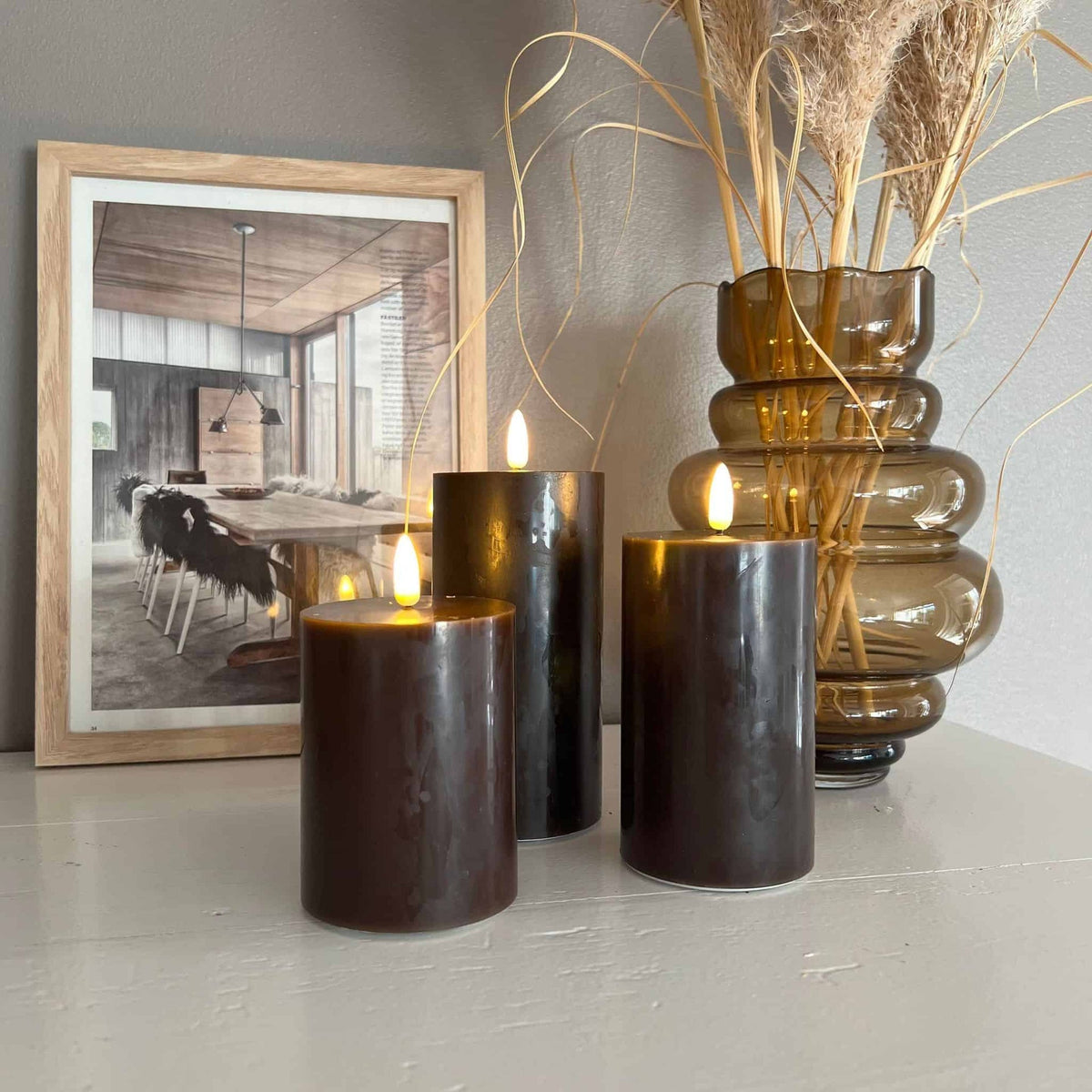 LED Bloklys / Brown – 3 stk. Lys – Inkl. fjernbetjening - VIAMAJA.DK