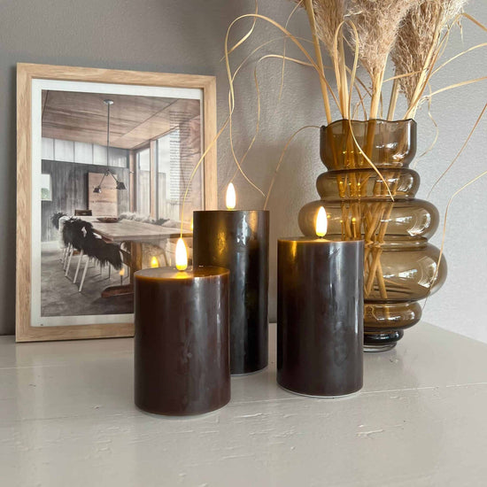 LED Bloklys / Brown – 3 stk. Lys – Inkl. fjernbetjening - VIAMAJA.DK
