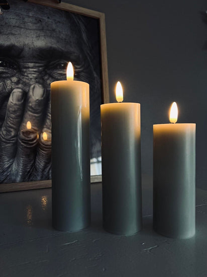 LED Bloklys / Mint-grå 3 stk. Lys – Inkl. fjernbetjening - VIAMAJA.DK