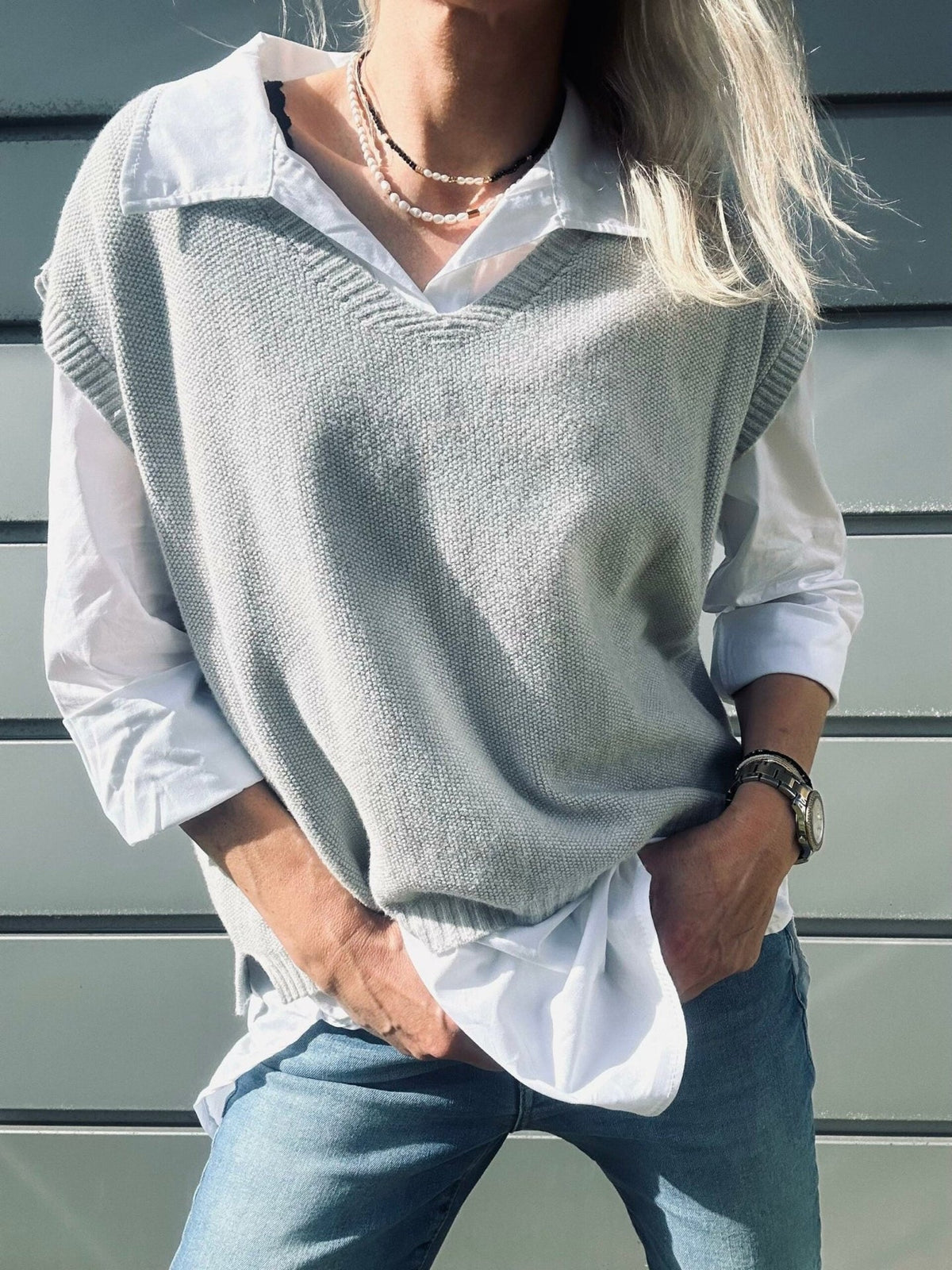 Skjorte med vest – Onesize Norah grey - VIAMAJA.DK